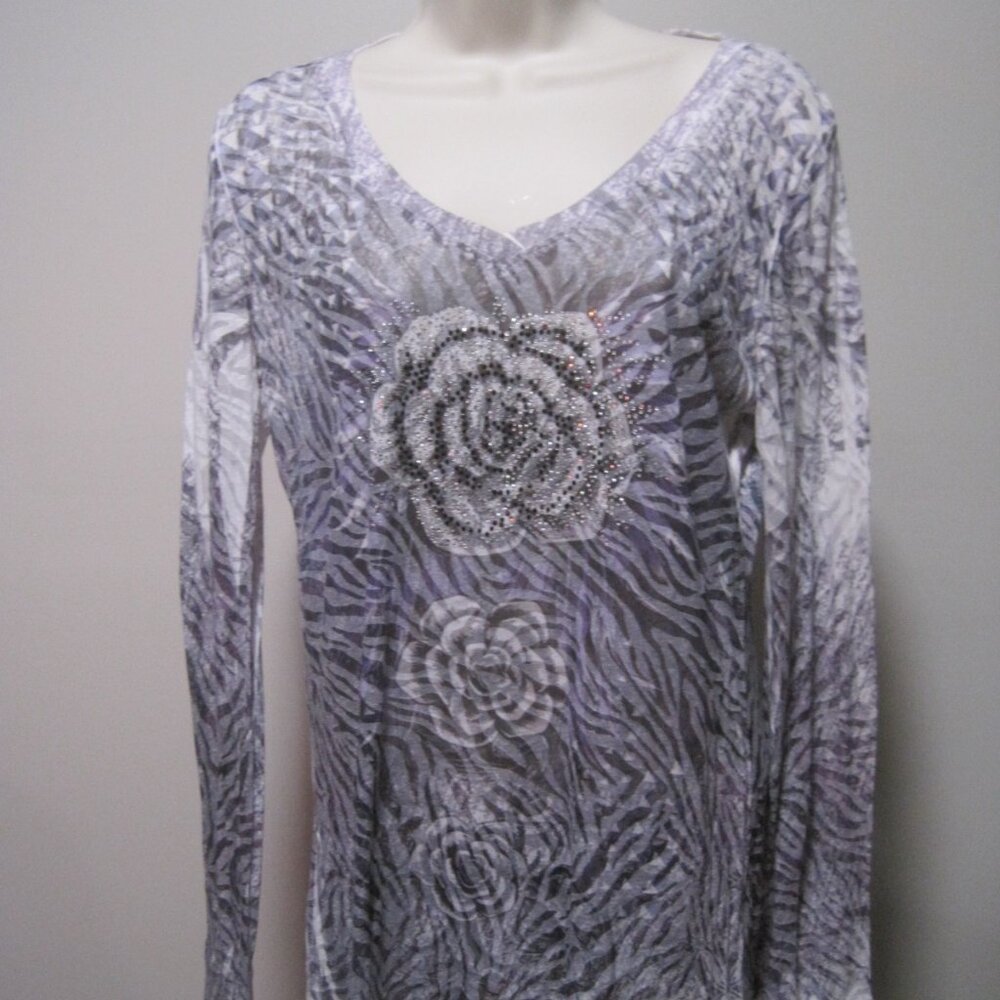 T Party Womens Floral Purple Transparent Sheer Long Sleeve V-Neck Shirt Large
